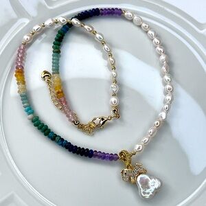 Handmade Freshwater Pearl Multi Gemstone 💎 Detachable Pendant Necklace